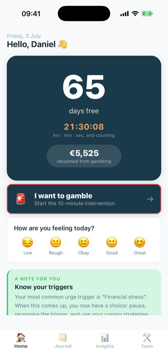 One Day Stronger home screen showing days free and money reclaimed