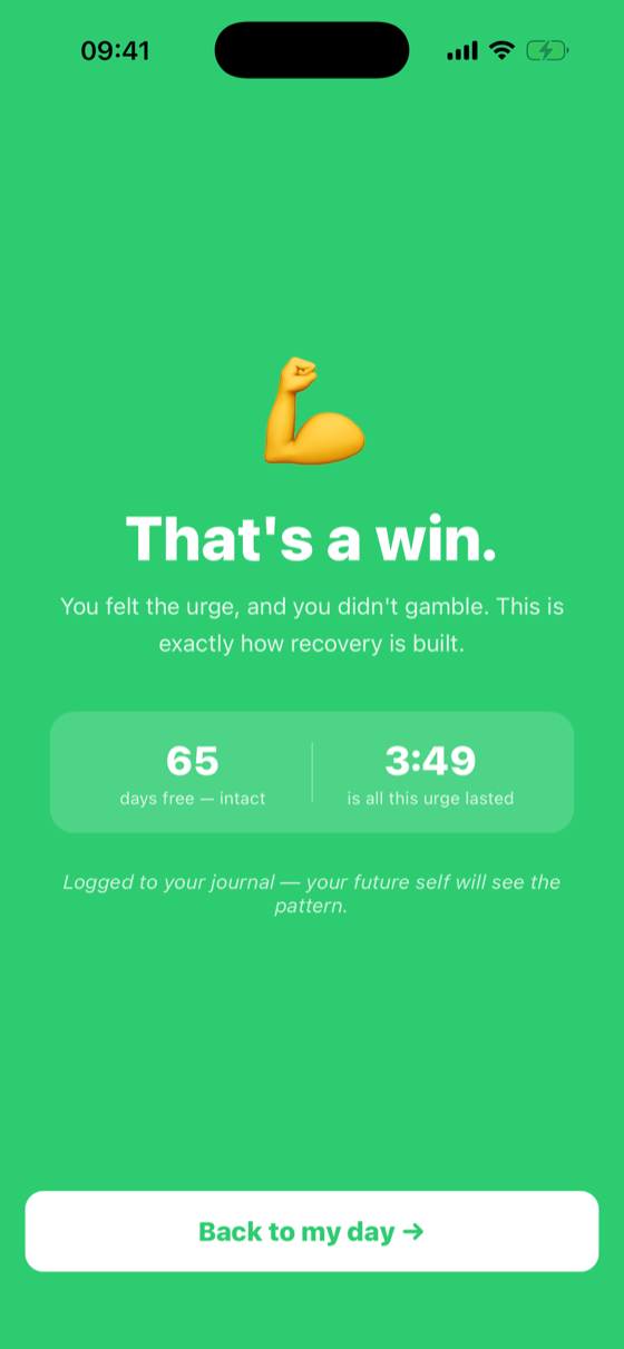 A screen celebrating an urge resisted as a win